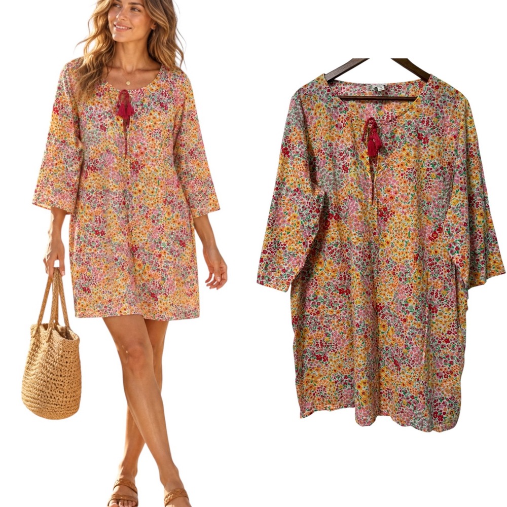 J.Crew Beach Cover-Up Women 3X Tunic Dress Tassel Split Neck Ditsy Floral Topper